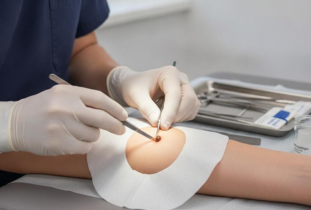 Dermatolog usuwa pieprzyk metodą chirurgiczną podczas konsultacji w gabinecie