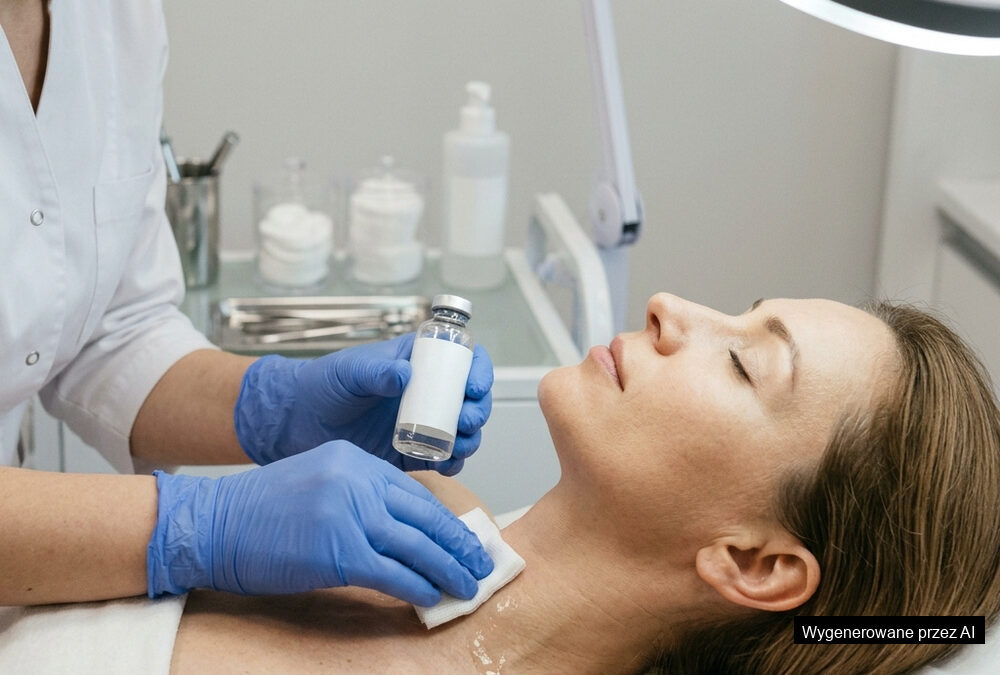 Aplikacja peelingu chemicznego na skórę twarzy w gabinecie medycyny estetycznej